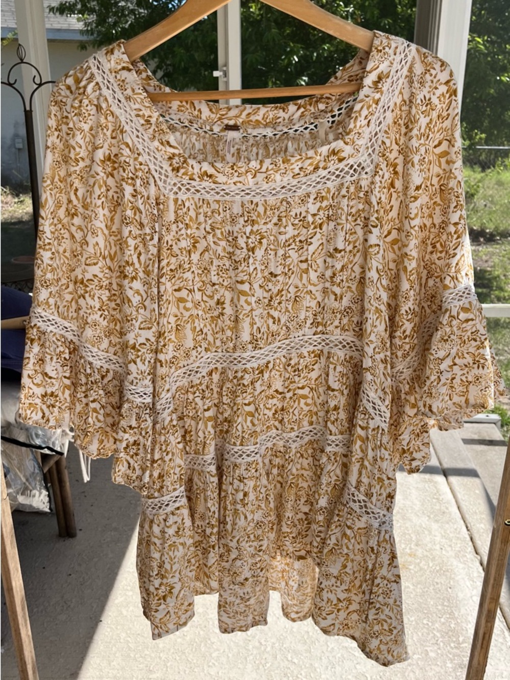 Free People yellow with crochet trim “ talk about it “ tunic